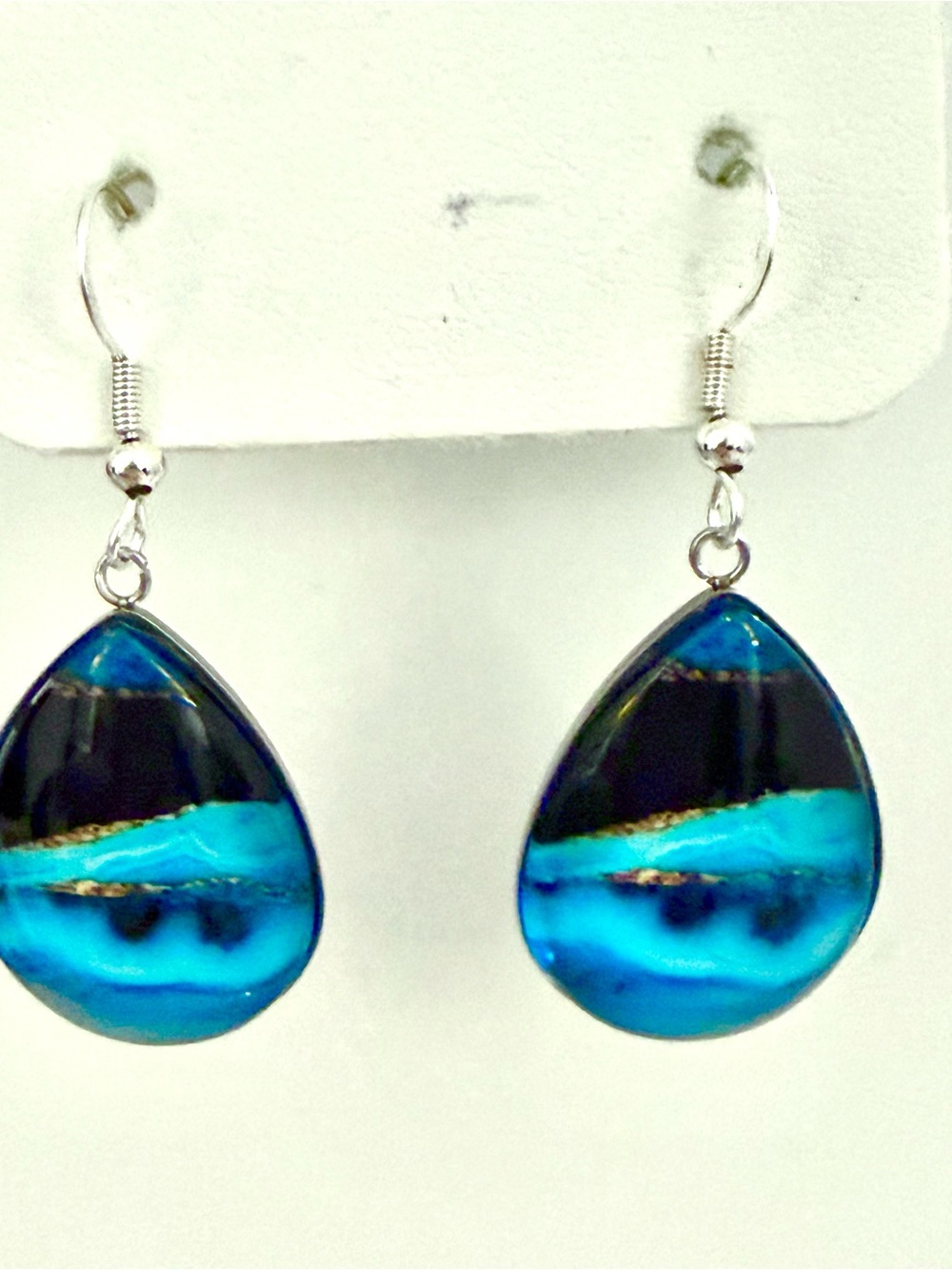 925 Sterling Silver Blue Black Composite Stone Teardrop Dangle Earrings